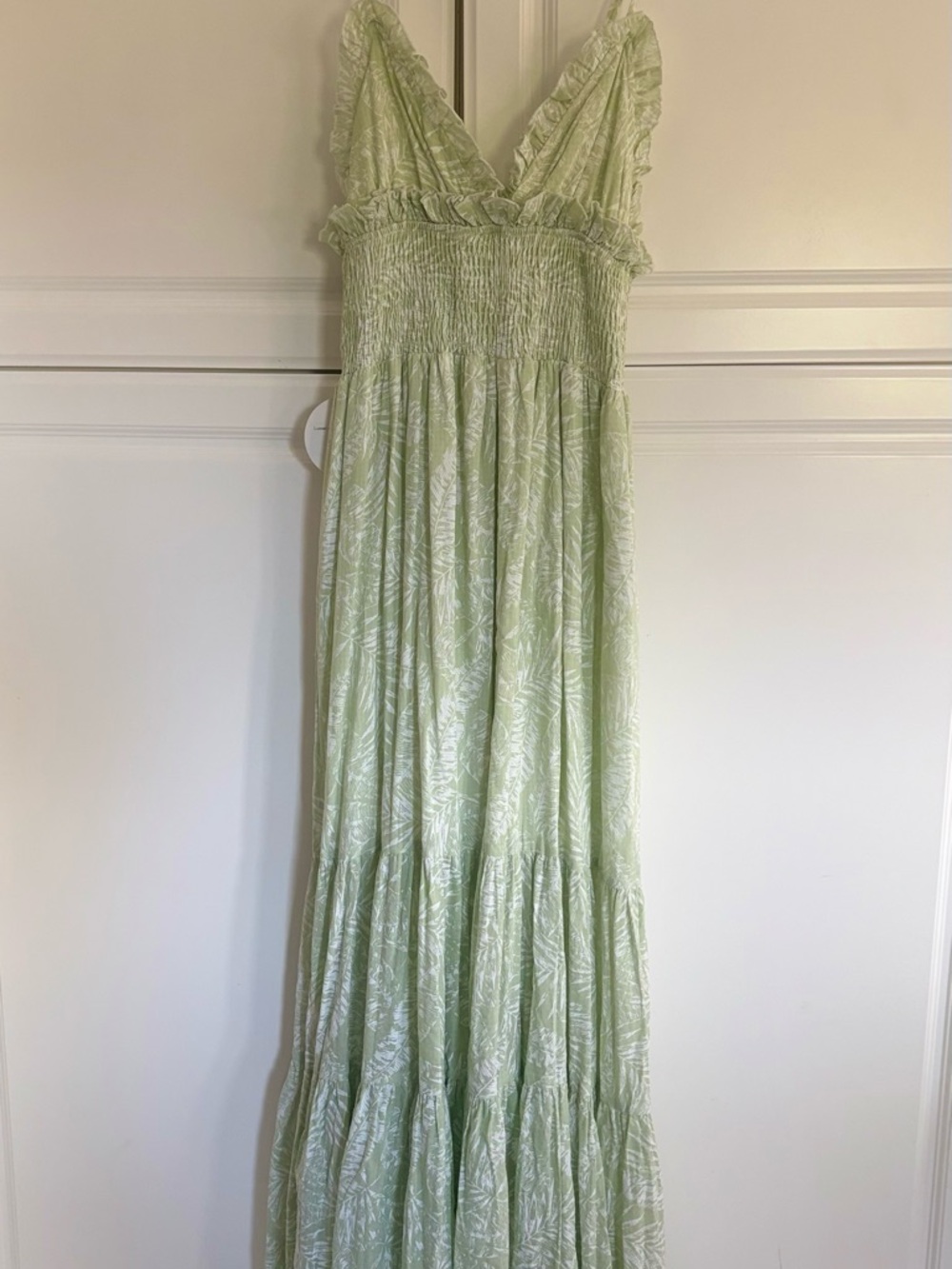 Luxxel Pale Green Leaf-Print Smocked Maxi Dress
